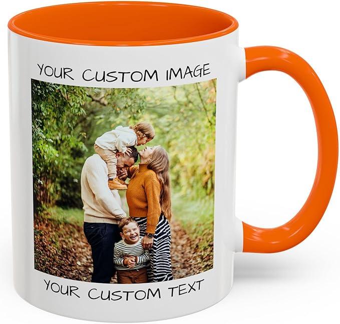 Personalized Coffee Mug – Custom Photo, Text, or Logo Ceramic Mug Tea Cup | Taza Personalizada with Picture or Message | Customized Gift Idea for Men & Women, Mom, Dad, Friends - White/Orange | 11oz