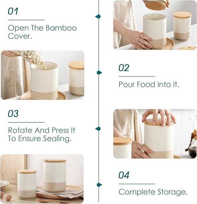 vancasso Sabine Ceramic Canister Set with Airtight Wood Lids - 3-Piece Kitchen Storage for Flour, Sugar, Coffee, Tea & Spices - Modern Countertop Decor