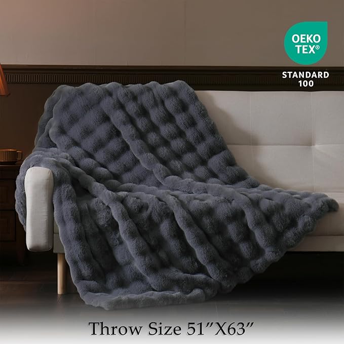 BENVWE Faux Fur Throw Blanket for Couch - Thickened Fluffy Soft Bubble Blanket for Living Room Home Decor - Fathers Day Birthday Gifts for Women Men, Grey, 50