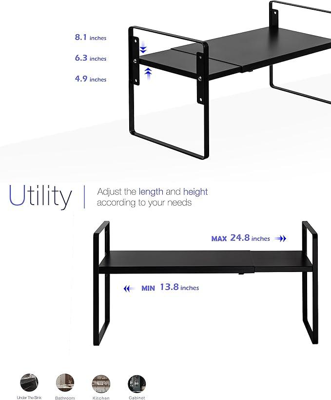 Nxconsu Cabinet Shelf Expandable Height Adjustable Organizer Riser for Kitchen Cabinet Pantry Cupboard Under Sink Countertop Organization Storage Space Saver Stackable Heavy Duty Metal Black
