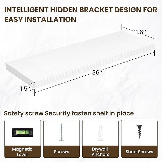 36 Inch Floating Shelves, 12 Inch Deep Floating Shelves for Wall, Floating Shelf with Invisible Brackets, Large Deep Wall Shelves for Bathroom, Bedroom, Living Room, 2 Pack, White