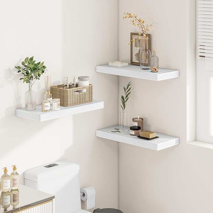White Floating Shelves for Wall, 24 Inch X 12 Deep Shelves for Room Wall Mounted，2