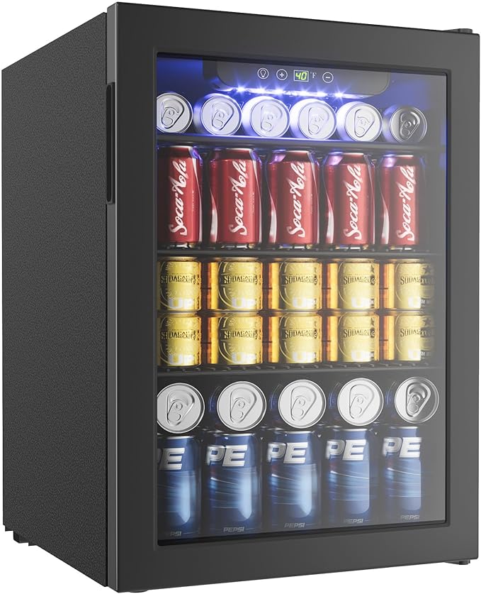 EUHOMY 100 Can Beverage Refrigerator cooler-Mini Fridge Glass Door for Beer Drinks Wines, Freestanding Beverage Fridge with Adjustable Shelves Blue LED for Home/Office/Dorm/Bar, 2.7 cu.ft