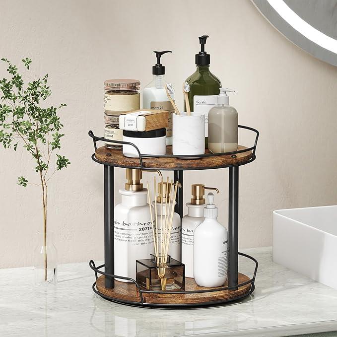 LAMU 10.2'' Wood Lazy Susan Turntable Organizer for Cabinet, 2 Tier Lazy Susan Spice Rack Organizer for Kitchen, Table Top, Countertop, Pantry, Medicine Organizer