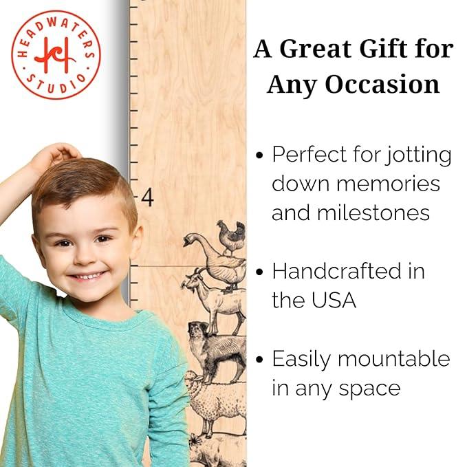 Wooden Growth Chart – Kids Height Chart, Wall Measurement for Kids, Height Chart for Wall, Growth Ruler for Children – Farm Animals, Natural - 63