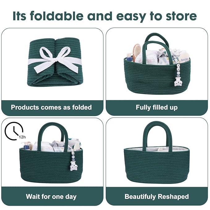 Baby Diaper Caddy Organizer for Girl Boy Rope Nursery Storage Bin Basket Portable Holder Tote Bag for Changing Table Car Travel Baby Shower Gifts Newborn Essentials Registry Must Have Items Dark Green