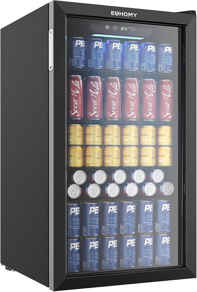 EUHOMY Beverage Refrigerator Cooler, 130 Can Mini Fridge with Glass Door for Soda Beer or Wine, Beverage Cooler for Home, Office, Bar with Adjustable Removable Shelves, Black