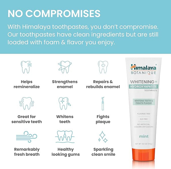Himalaya Botanique Whitening + Hydroxyapatite Toothpaste for Whiter Teeth & Fresher Breath with Hydroxyapatite Support & Mint Flavor, Fluoride-Free, SLS Free, & Vegan, 4.0 oz (113g)…
