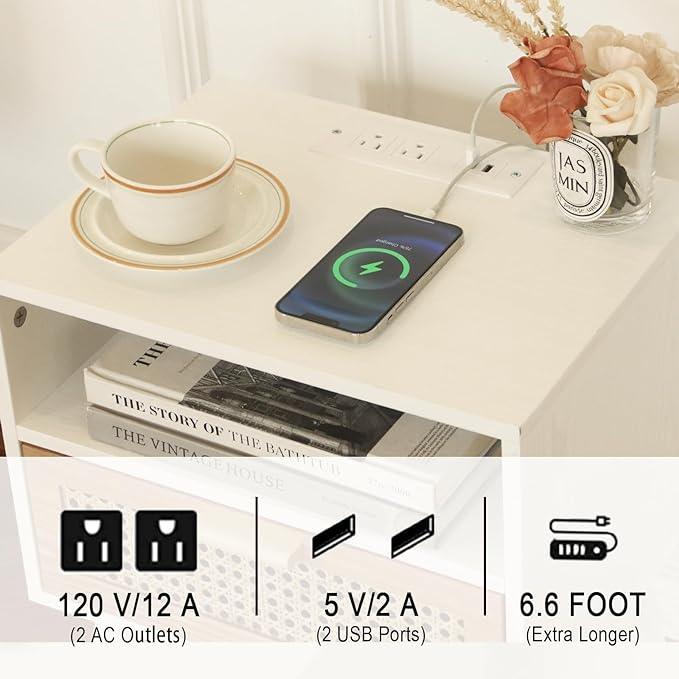MaxSmeo Nightstand with Charging Station, Bedside Tables with Rattan Drawer, Mid Century Modern Nightstand, End Table for Living Room, Bedroom and Small Spaces, Easy Assembly (White)