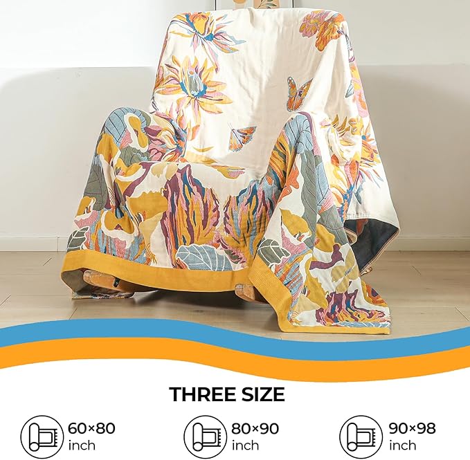 Boho Throw Blanket for Bed,100% Cotton Breathable Muslin Soft Throw, Fall Bed Throw Blanket Floral Bird Butterfly Printed Decor Large Blankets,80