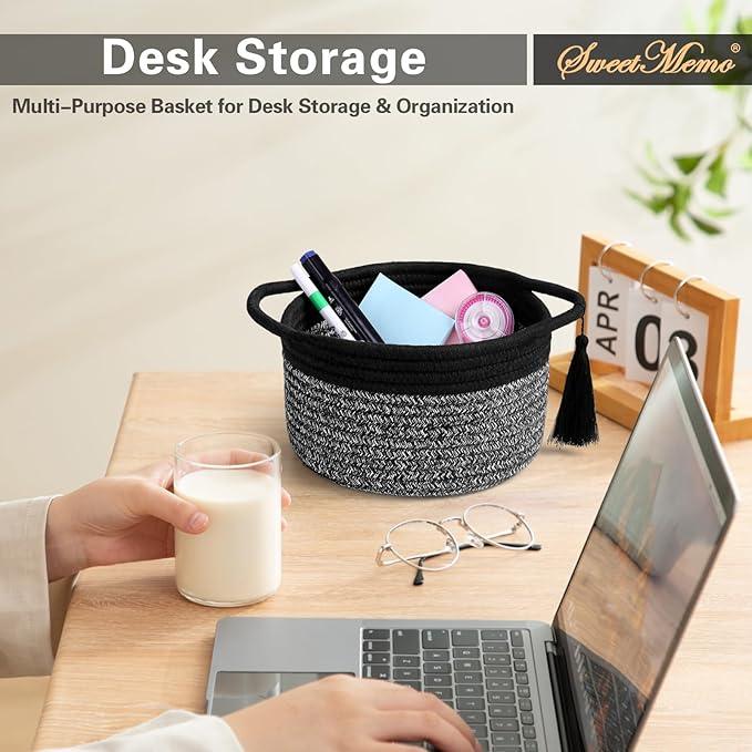 Empty Gift Basket Mini Woven Rope Organizer Baskets for Baby Shower, Vanity, Makeup Brushes, Bathroom, Shelves, Desk - Small Decorative Storage Bins - Set of 2, Pre-Shaped, Black Grey