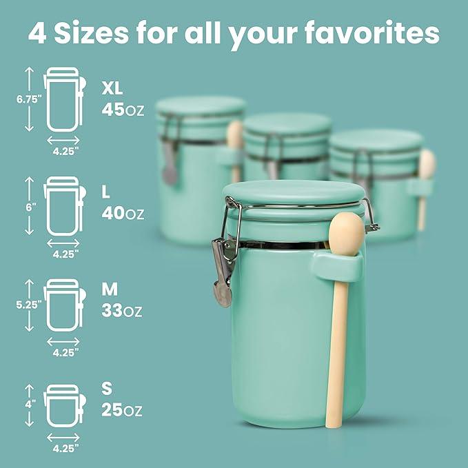 Home Intuition 4-Piece Ceramic Kitchen Canisters Set, Airtight Containers with Wooden Spoons Reusable Chalk Labels and Marker for Sugar, Coffee, Flour, Tea (Turquoise)