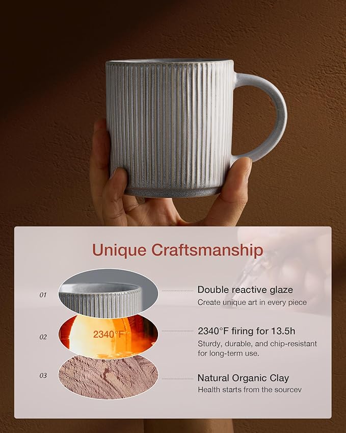 famiware Coffee Mug Set for 6, Star 12 oz Catering Mugs Cup Set with Handle for Coffee, Tea, Cocoa, Milk - Ceramic Stoneware Drinkware Set, Matte Grey