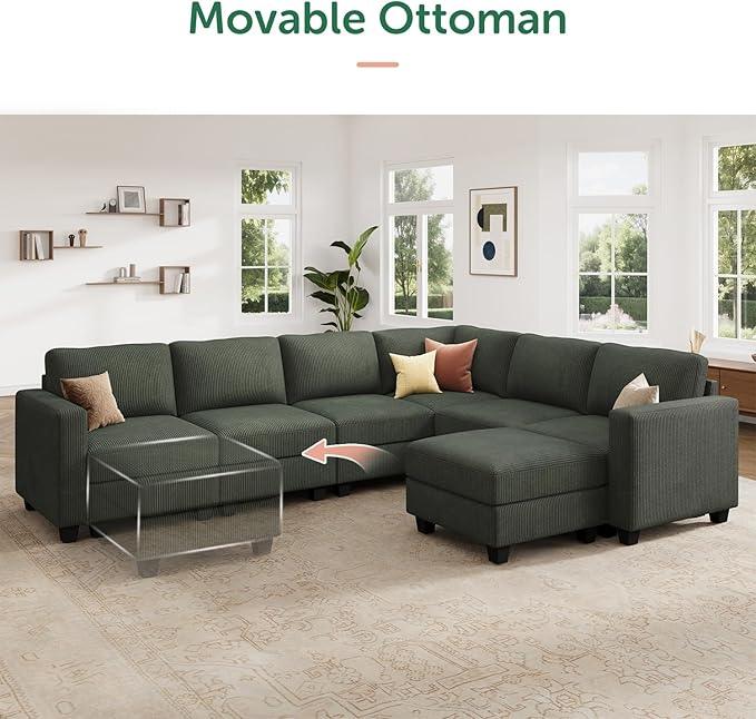 HONBAY Corduroy Sectional Sofa with Storage, U Shape Modular Sectional Sofa with Chaise, Modular Couches for Living Room, Green