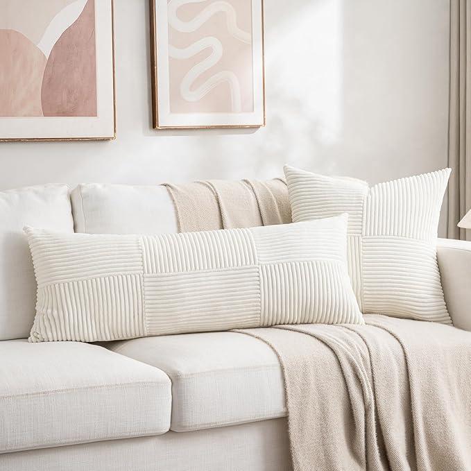 Fancy Homi Set of 2 Cream White Boho Long Lumbar Body Decorative Throw Pillow Cover 14x36 Inch for Bed Couch Bedroom Bench, Soft Patchwork Corduroy Textured Pillow Case, Rustic Farmhouse Room Décor