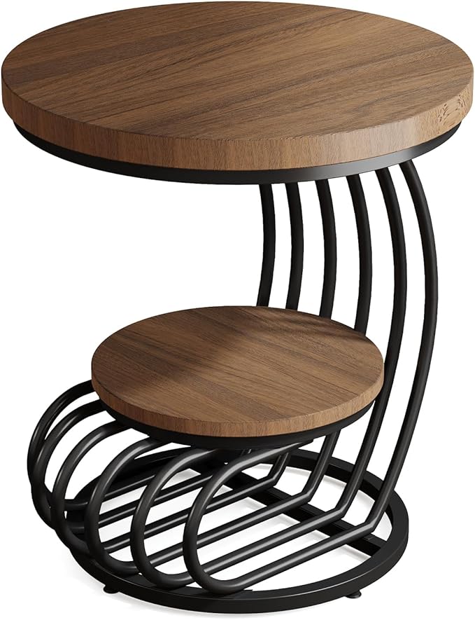 Tribesigns Round End Side Table: 2 Tiers Side Table Set of 2, Vintage End Table for Living Room, Small Bedside Table Accent Table with Arc-Shaped Frame, Light Brown