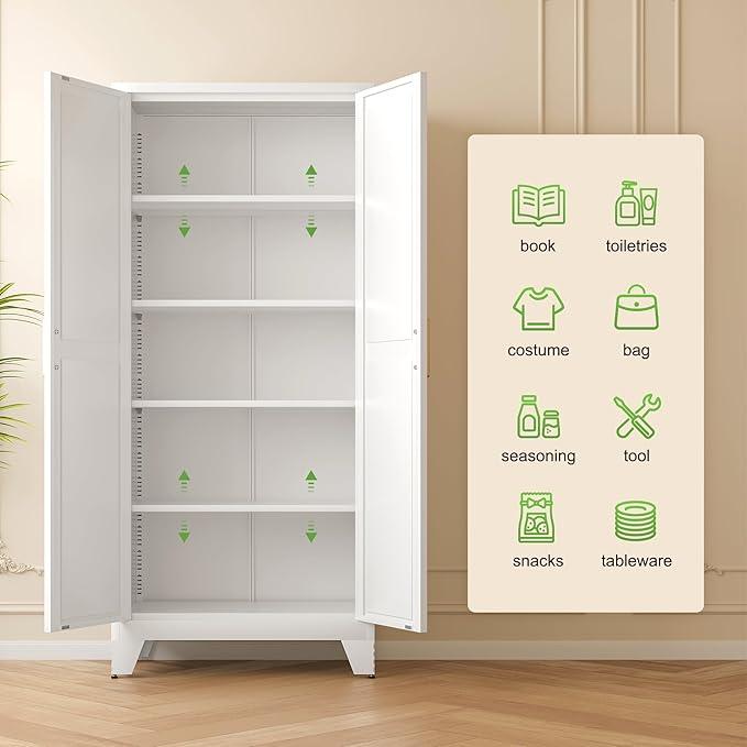 71'' Farmhouse Metal Storage Cabinet with Barn Doors,Steel File Cabinet for Home Office,Kitchen Pantry 4 Adjustable Shelves,Freestanding Cupboard for Kitchen,for Home Office,School (White)