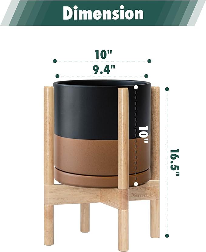 D'vine Dev Ceramic Planter with Natural Stand - 10 Inch Modern Round Flower Pot with Wood Planter Holder, Black/Speckled Tan, 55-B-K-7