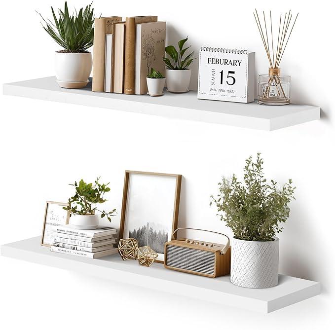 Floating Wall Shelves 2-Pack - 36-Inch Rustic White Wooden Shelves for Storage and Décor, Easy Installation for Living Room, Bedroom, and Kitchen