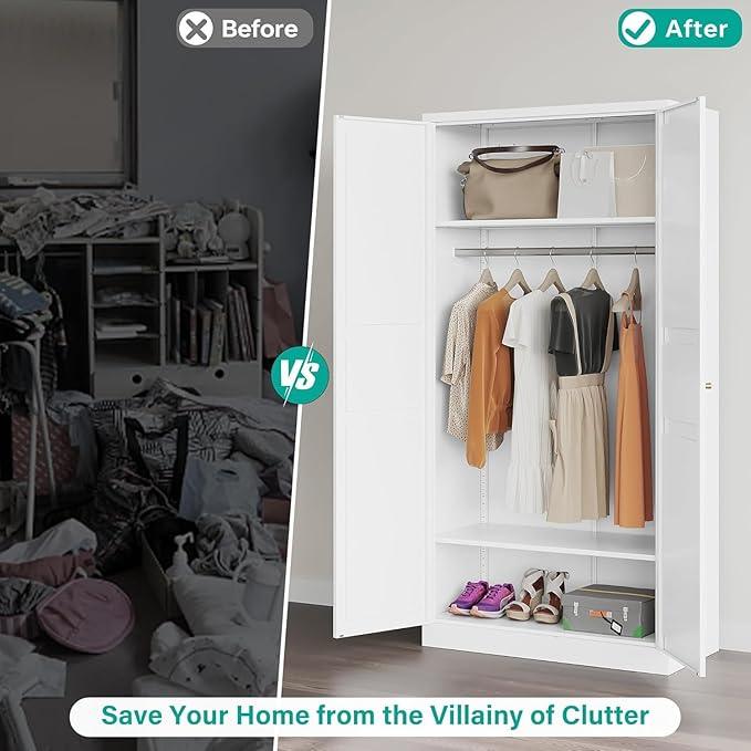 Metal Wardrobe Cabinet with Hanging Rod,White Armoire Wardrobe Closet,Metal Clothing Storage Cabinet with Adjustable Shelves and Doors,72