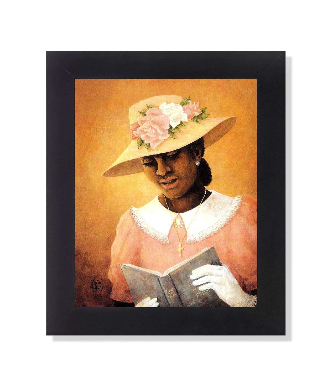 Framed Art Print - African American Woman Praying With Flower Hat | 8x10 Black Frame