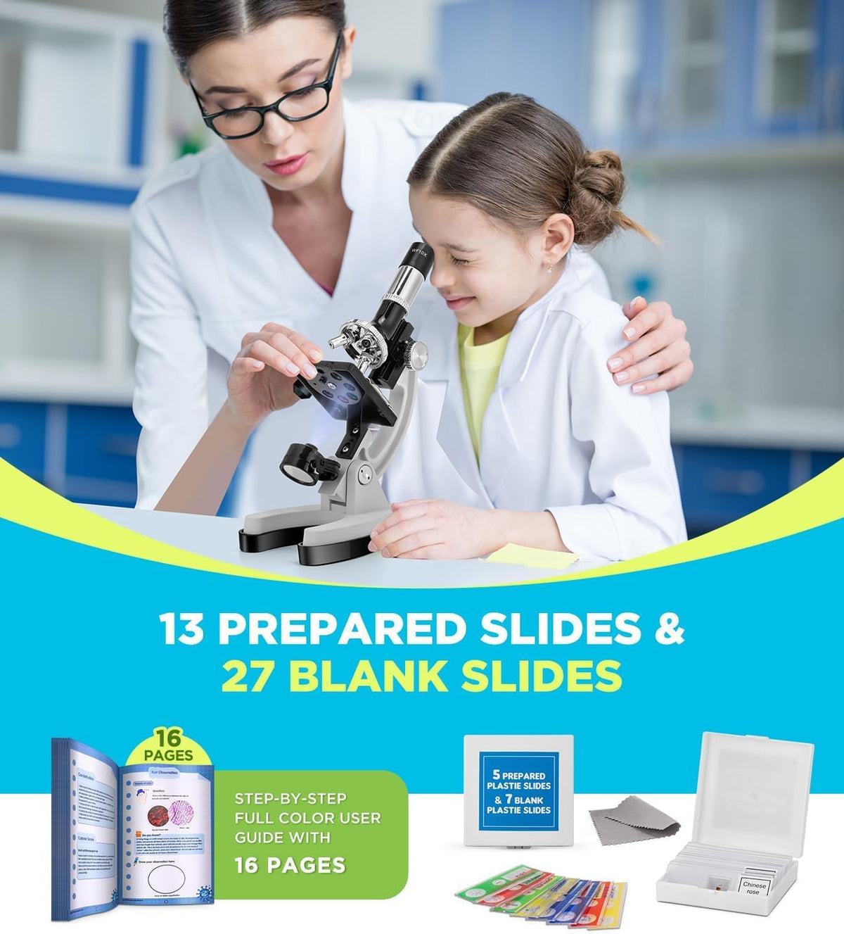 62 Pc Microscope Kit for Kids 5-12, with Prepared and Blank Slides
