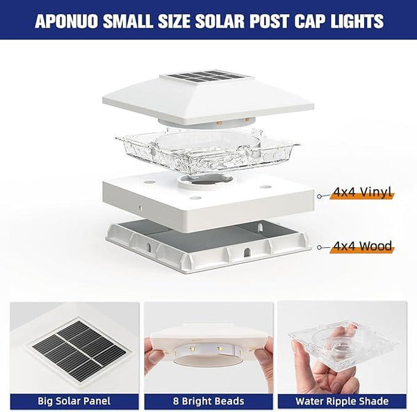 APONUO Solar Post Cap Lights for 4x4 Wood & Vinyl Posts, IP44 Waterproof Cool White LED 4x4 Post Solar Lights, Outdoor Garden Patio Yard Decor, 6 Pack (White)