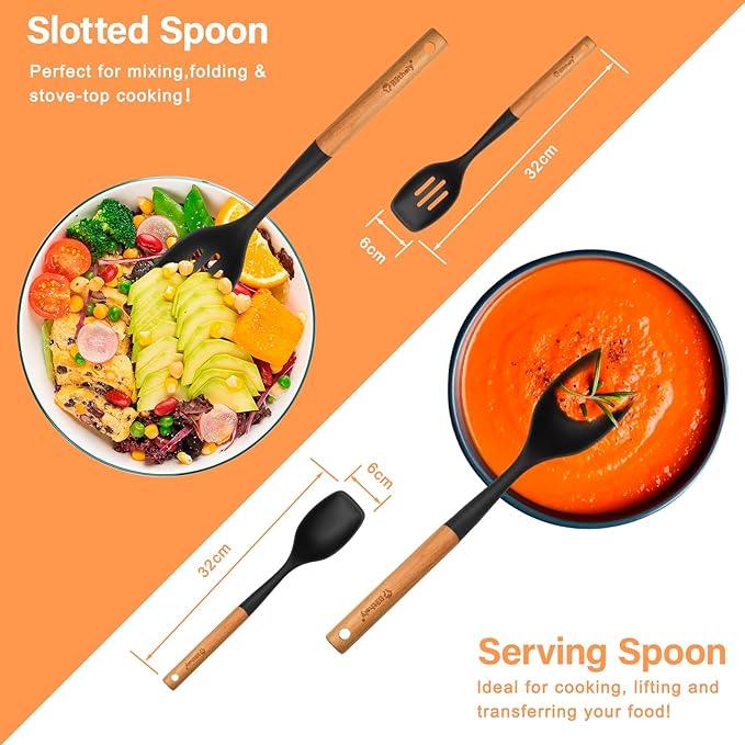 Large Silicone Cooking Spoon Set, 2 Pack Solid Slotted Spoon with Wooden Handle, Nonstick Silicone Kitchen Spoons for Cooking, Heat Resistan Spatula Set for Serving, Basting, Mixing (Black)