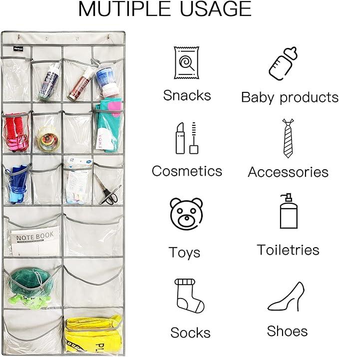 2 Pack Extra Large Hanging Crystal Clear Over Door Shoe Organizers, Closet Shoe Rack Organizer, 12+6 Pockets, 8 Hooks, Grey (59