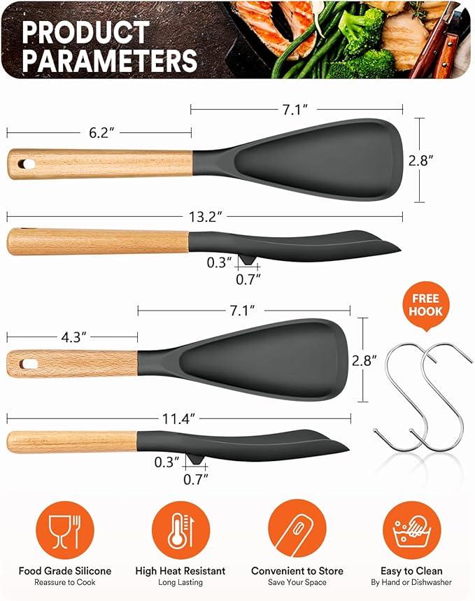 Multifunction Spatula Spoon for Nonstick Cookwares, Great for Cooking and Serving, Sturdy BPA-Free Matte Silicone, Wood Handle Spatula for Mixing, Scoop, and Scrape, Grey(2 pack,11.4