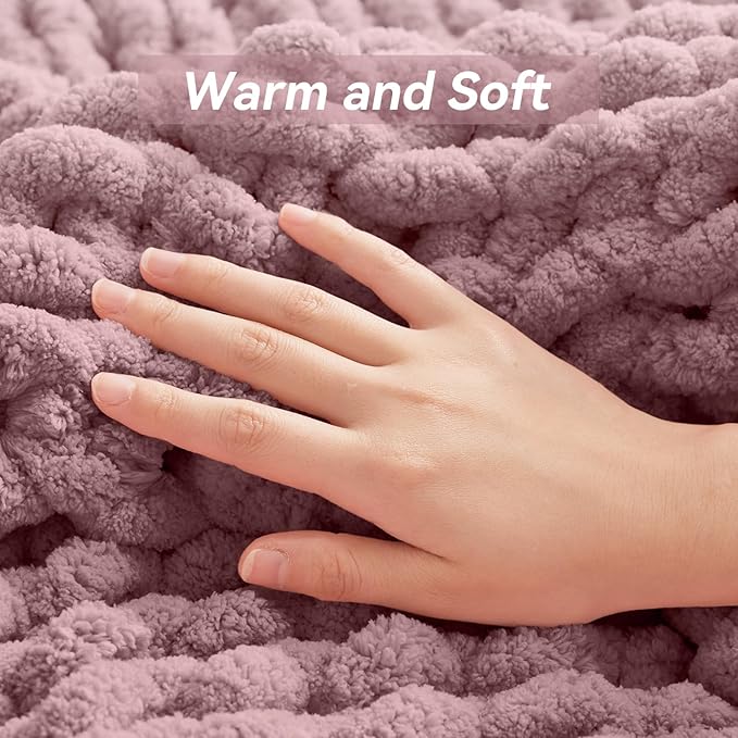 Chunky Knit Throw Blanket, 50''*60'' Knitted Throw Chenille Yarn for Bed Couch, Handmade Muted Pink Crochet Big Thick Blanket, Machine Washable Cute Comfy Blanket for Home Decor