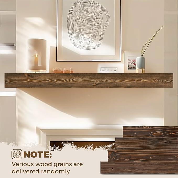 72x8x3 Fireplace Mantel - Handcrafted Hollow Rustic Solid Wood Wall Mounted Floating Shelf with Invisible Heavy Duty Wood Bracket (Weathered Brown)