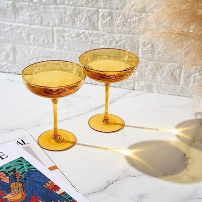 Colored Sunset Yellow & Gilded Rim Coupe Glass, 9oz Cocktail & Champagne Glasses 2-Set Vibrant Color Gold Vintage Tumblers, Margarita, Glassware Gift Idea Gifts for Mom, Him, Wife, Housewarming Coupes