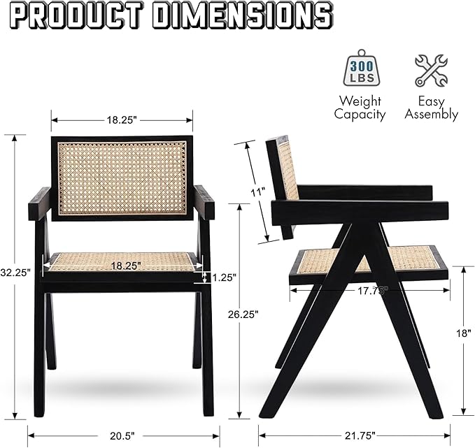Rattan Dining Chairs Set of 2, Farmhouse Wicker Dining Chairs with Cane Seat Accent Armchair for Dining Room Kitchen Restaurant, Walnut