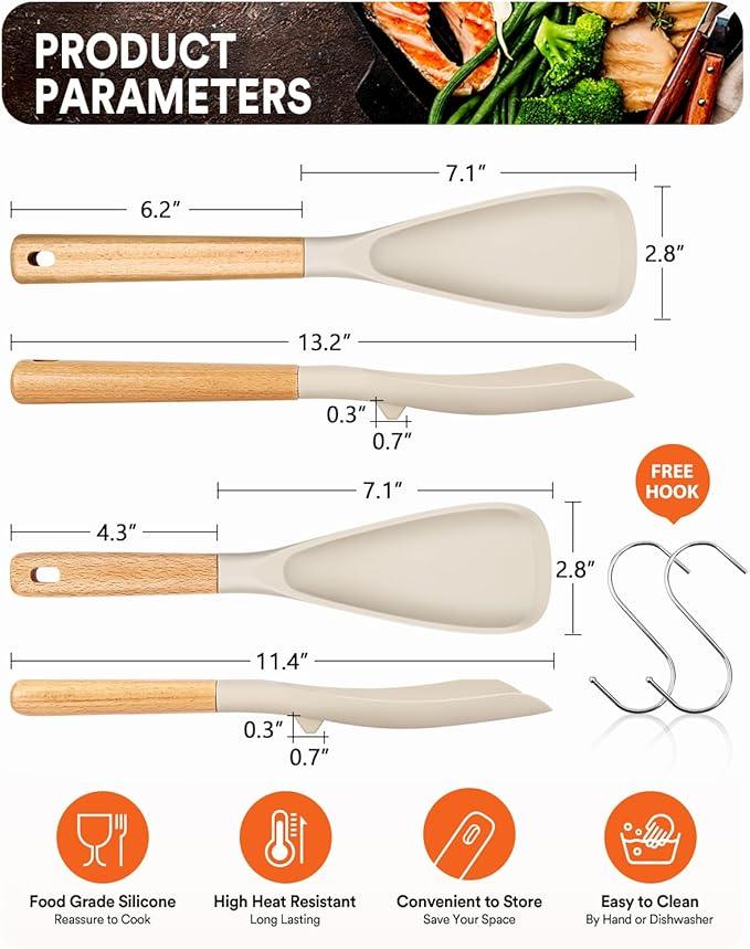 Multifunction Spatula Spoon for Nonstick Cookwares, Great for Cooking and Serving, Sturdy BPA-Free Matte Silicone, Wood Handle Spatula for Mixing, Scoop, and Scrape, Khaki(2 pack,11.4