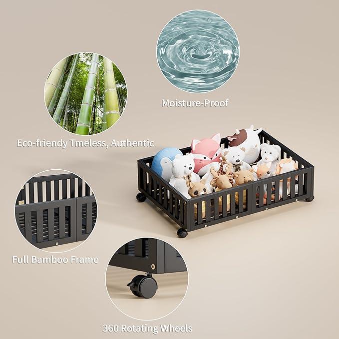 Bamboo Under Bed Storage with Wheels (2-Pack) – Rolling Underbed Shoe Organizer Box for Shoes, Blankets, Toys, Clothes Container Space-Saving Organizer Bins for Bedroom, Closet, Dorm, Nursery