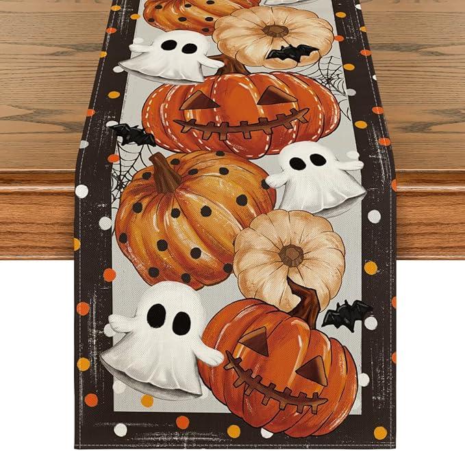 Artoid Mode Jack-O'-Lantern Pumpkin Ghost Spider Web Halloween Table Runner,Holiday Kitchen Dining Table Decoration for Home Party Decor 13 x 36 Inch