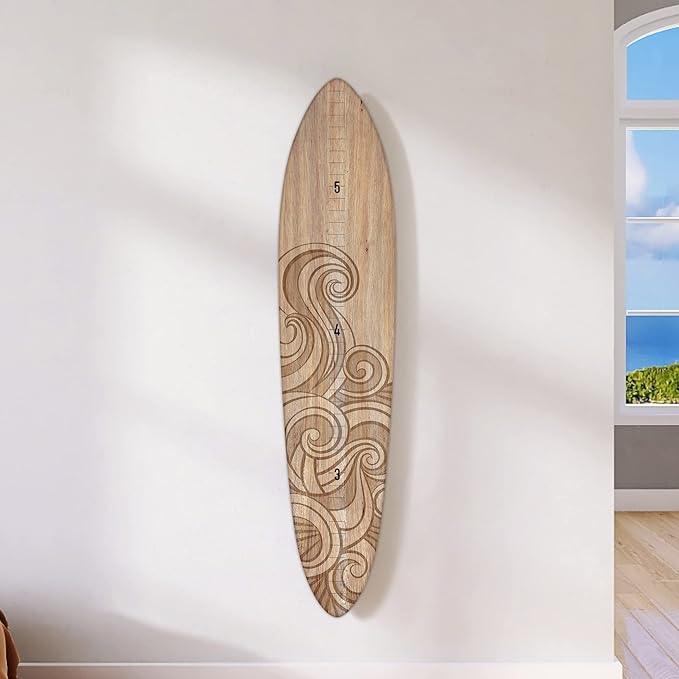 Wooden Surfboard Wall Decor Growth Chart - Surfboard Art Decor for Kids Room, Wood Surfboard Kids Sizing Chart, Surf Boards Art, Height Board Surfer Decor - Brown Wave (9.5