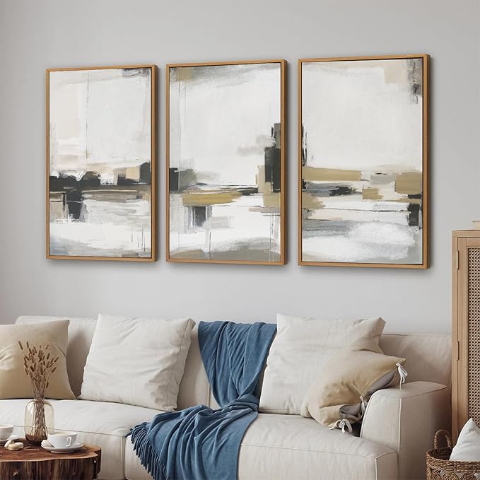 SIGNINART Beige Abstract Framed Canvas Wall Art Set, Black and White Textured Art Prints, Paint Strokes Minimalist Shapes Wall Decor, Neutral Modern Art Paintings for Living Room, Bedroom, Office 16