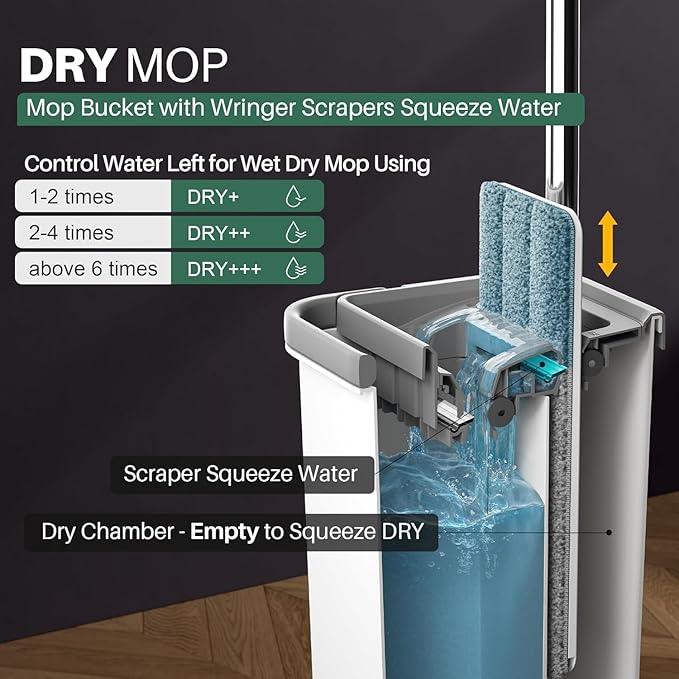 JOYMOOP Mop and Bucket with Wringer Set and Floor Cleaner Pods, Flat Floor Mop with 3 Reusable Microfiber Pads, Wet and Dry Use, Freesia Scent Pack of 15 Pacs for Floor Cleaning