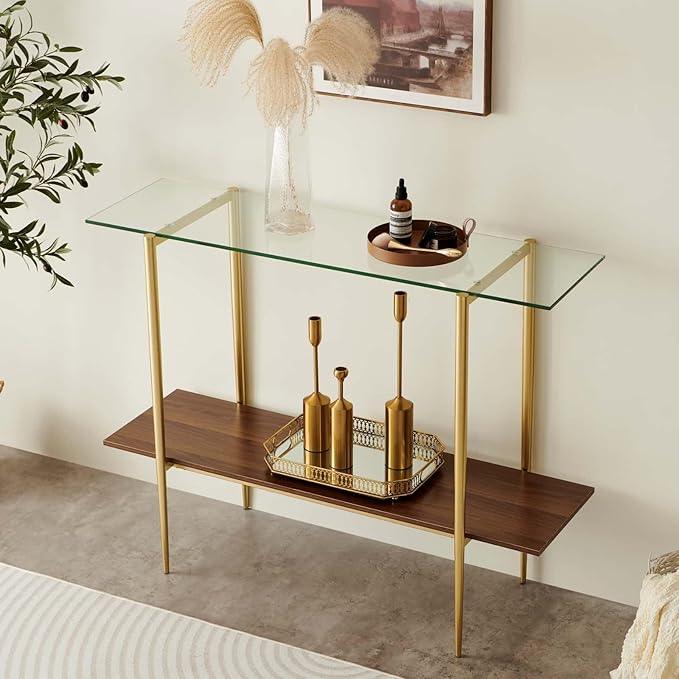 Glass Console Table for Living Room, Foyer & Entrance, 2-Tiers Mid-Century Modern Sofa Table with Clear Glass Top, Walnut Finish Wood Top and Gold Finish Metal Frame
