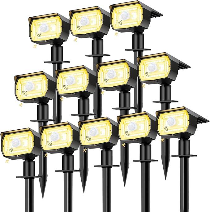 nipify 12 Pack Solar Spot Lights Outdoor Motion Sensor with 3 Modes,Solar Spotlights Outdoor Waterproof 2-in-1 Auto On/Off Solar Landscape Lighting for Outside Yard Wall Garden Pathway, Warm White