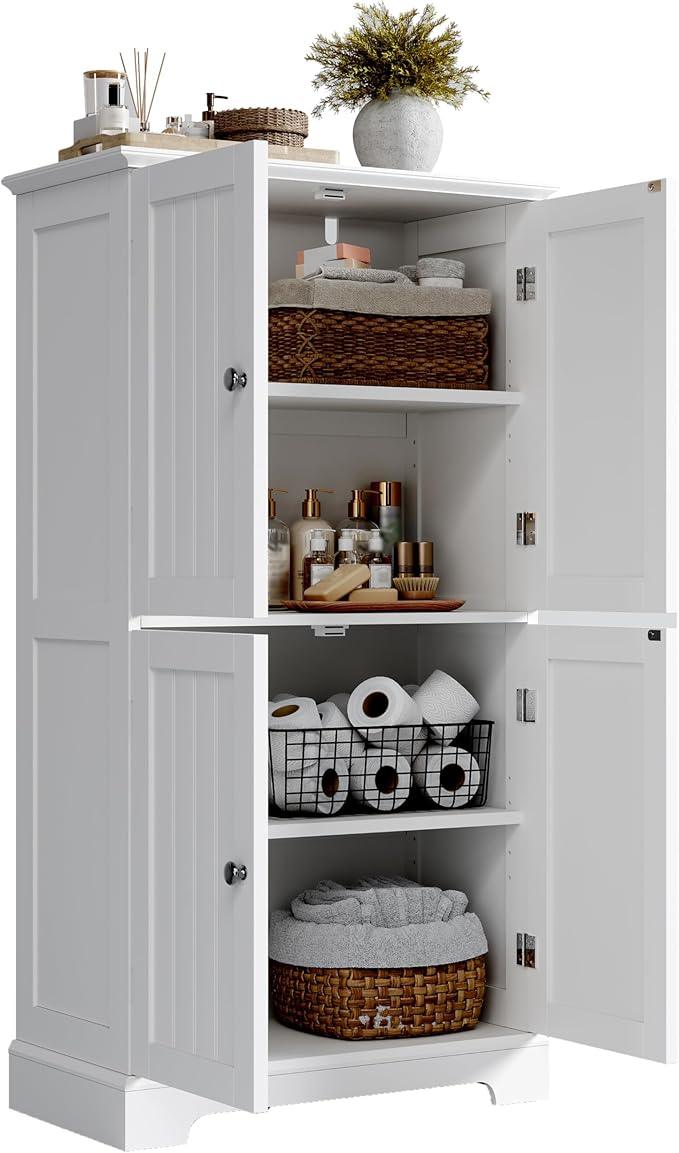 ChooChoo Bathroom Floor Cabinet, Modern Bathroom Storage Cabinet with 4 Doors and Adjustable Shelves, Freestanding Cupboard for Living Room, White
