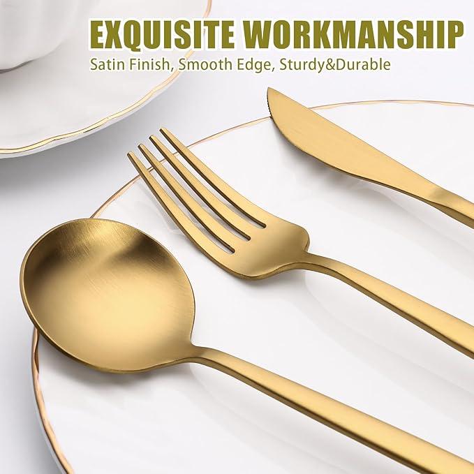 20 Piece Gold Silverware Set for 4, Terlulu Stainless Steel Flatware Set, Gold Cutlery Set Utensils Set, Tableware Include Forks Knives Spoons for Home Kitchen Restaurant Wedding, Satin Finish