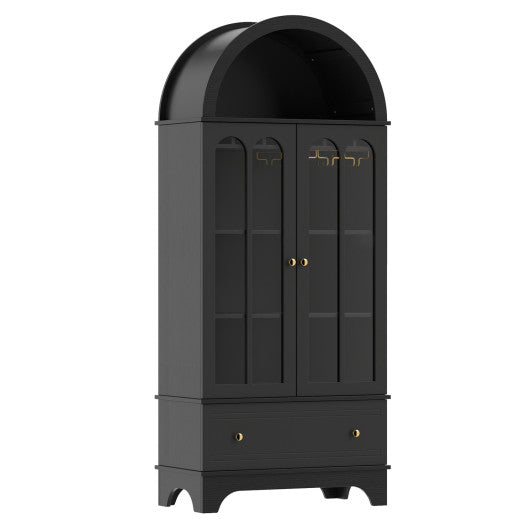 71.5 Inch Arched Cabinet 5-Tier with Tempered Glass Doors and Wine Rack-Black
