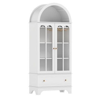 71.5 Inch Arched Cabinet 5-Tier with Tempered Glass Doors and Wine Rack-White