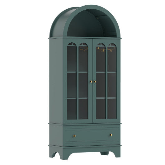 71.5 Inch Arched Cabinet 5-Tier with Tempered Glass Doors and Wine Rack-Green