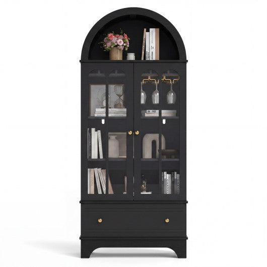 71.5 Inch Arched Cabinet 5-Tier with Tempered Glass Doors and Wine Rack-Black