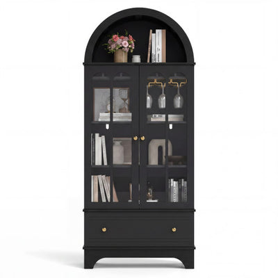 71.5 Inch Arched Cabinet 5-Tier with Tempered Glass Doors and Wine Rack-Black