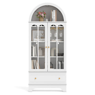 71.5 Inch Arched Cabinet 5-Tier with Tempered Glass Doors and Wine Rack-White